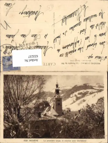 633237,Megeve La premiere neige le clocher avec Christome Haute-Savoie France