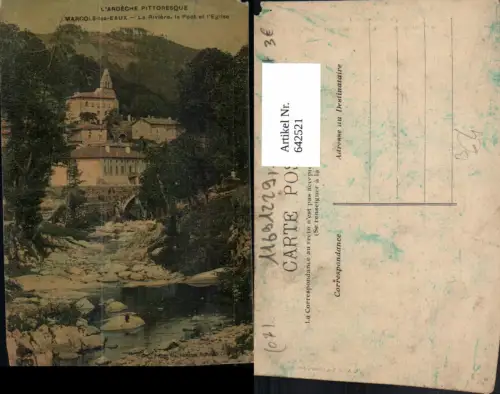 642521,L Ardeche Marcols-les-Eaux La Riviere le Pont et l Eglise Brücke Kirche France