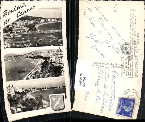 658736,Mehrbild Ak Souvenir de Cannes Hafen Strand Strandleben France
