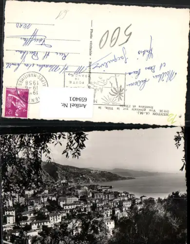 659401,Menton Vue generale sur la Ville la frontiere et l Italie France