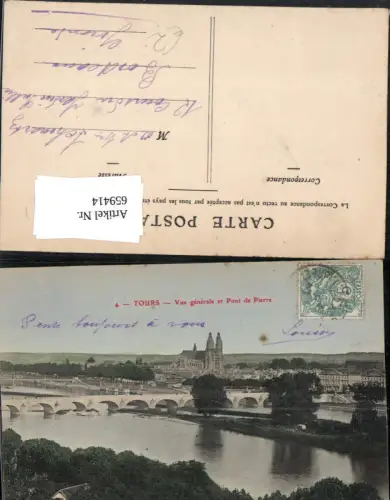 659414,Tours Vue generale et Pont de Pierre France