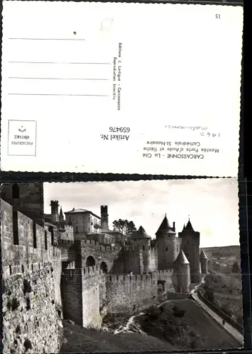 659476,Carcassonne La Cite Montee Porte d Aude et fleche de la Cathedrale St Nazaire France