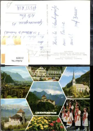212059,Fürstentum Liechtenstein Totale Zentrum Kirche Schloss Vaduz Landestracht Tracht Regierungssitz Mehrbildkarte