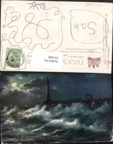 351448,Künstler AK Blackpool Rough Seas Brandung Mondschein pub Raphael Tuck e Sons 6649