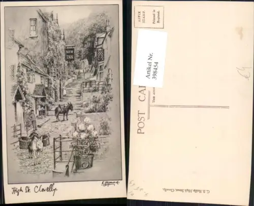 398454,Künstler AK England Clovelly High Street Straßenansicht Packesel Esel New Inn