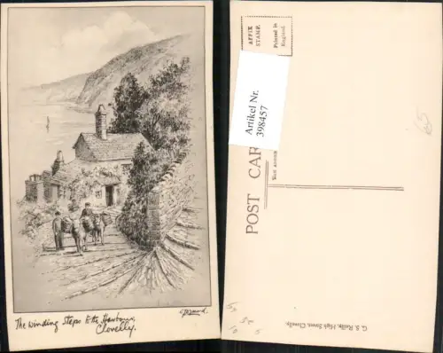398457,Künstler AK England Clovelly Winding Steps to the Harbour Stiegen Packeseln Esel