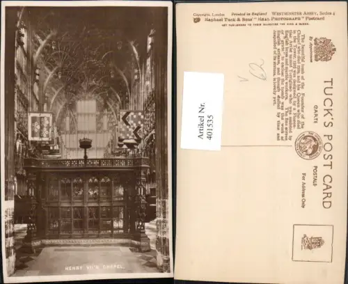 401535,England London Westminster Abbey Henry VII Chapel Innenansicht pub Raphael Tuck