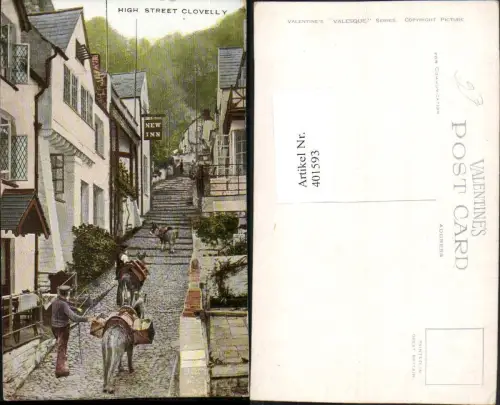 401593,England Clovelly High Street Gasse Packesel Esel New Inn