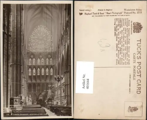 401644,England London Westminster Abbey Kirche Innenansicht pub Raphael Tuck 3719