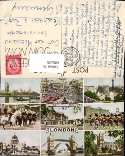 606235,Mehrbild Ak Greetings from London Tower Bridge Trafalgar Square Westminster Abbey Great Britain