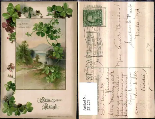 281273,Präge AK Erin go Bragh Killarney The Upper Lake See Passepartout Kleeblätter Klee
