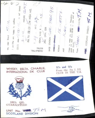 93791,QSL CB Karte Scotland Schottland Whisky Delta Charlie Int. DX Club