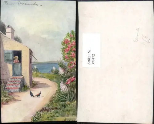 398472,Künstler AK British Overseas Haus Wegpartie Hühner