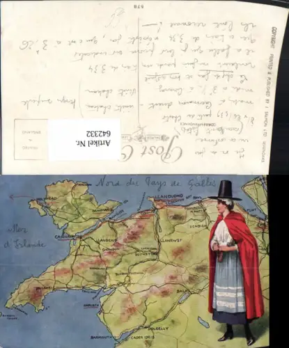 642332,Lagekarte Carnarvon Bangor Llandudno Frau Tracht Wales Great Britain