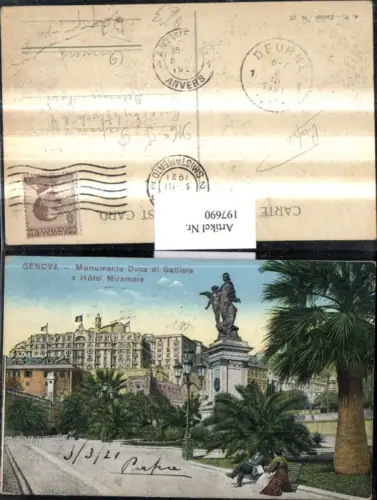 197690,Liguria Genova Monumento Duca di Galliera e Hotel Miramare Palmen
