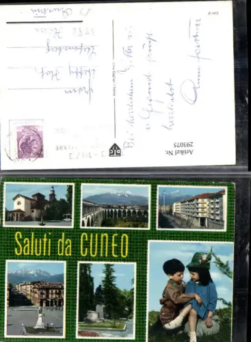 293075,Piemonte Cuneo Teilansicht Kirche Denkmal Kinder Federhut Mehrbildkarte