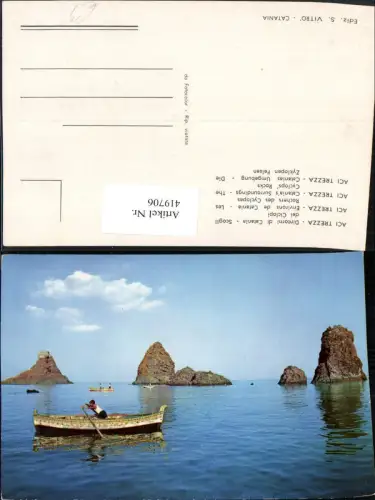 419706,Sicilia Catania Aci Trezza Scogli di Ciclopi Zyklopen Felsen Ruderboot