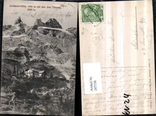 247158,Trentino Bolzano Lindauer-Hütte Berghütte m. d. Drei Türmen Bergkulisse b. Sulden