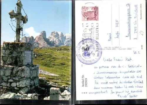 292919,Trentino Bolzano Monte Piana b. Toblach Ricordo ai Cduti Monte Cristallo Bergkulisse Denkmal