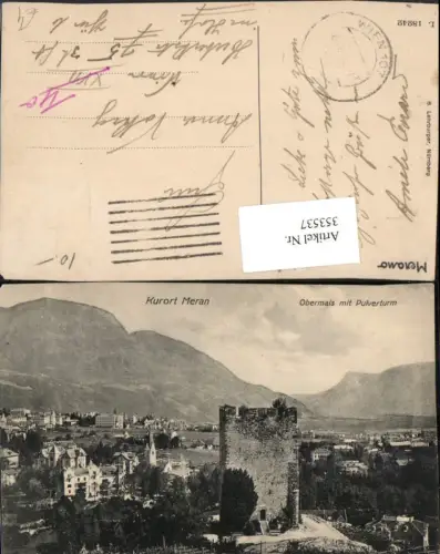 353537,Trentino Bolzano Meran Obermais Totale m. Pulverturm Turm Bergkulisse