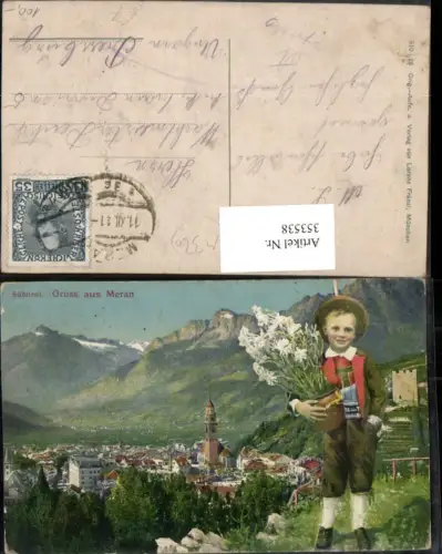 353538,Trentino Bolzano Gruß aus Meran Totale Bergkulisse Junge m. Hut Blumenstock