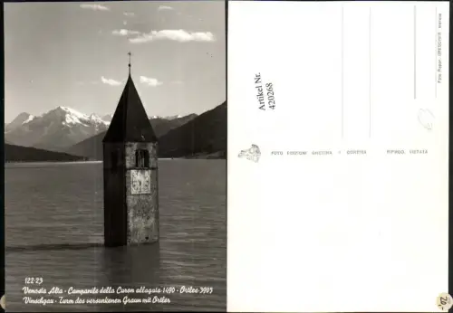 420268,Trentino Bolzano Venosta Alta Campanile della Curon allagata Turm See Bergkulisse