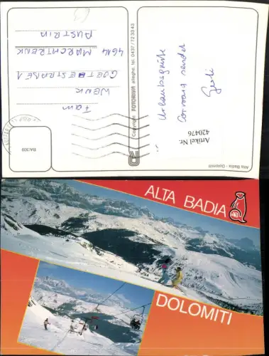 420476,Trentino Bolzano Alta Badia b. Corvara Bergkulisse Skipiste Sessellift Mehrbildkarte