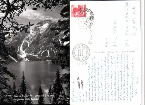 494207,Trentino Bolzano Lago Braies Pragsersee b. Prags geg. Seekofel Bergkulisse