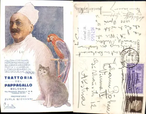 559234,Seltene Künstler Ak Italy Bologna Trattoria del Pappagallo Reklame Katze Papagei