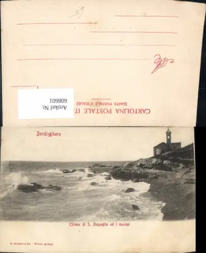 608601,Italy Bordighera Chiesa di S. Ampeglio ed i marosi Brandung Küste Kirche