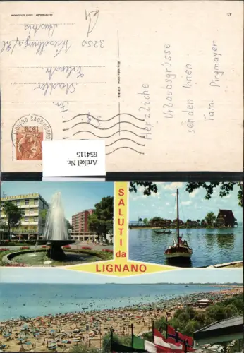 654115,Mehrbild Ak Saluti da Lignano Brunnen Strandleben Segelboot Italy
