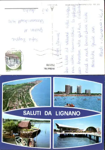 712170 Mehrbild AK Saluti da Lignano Luftbild Boote Strand Strandleben Italy