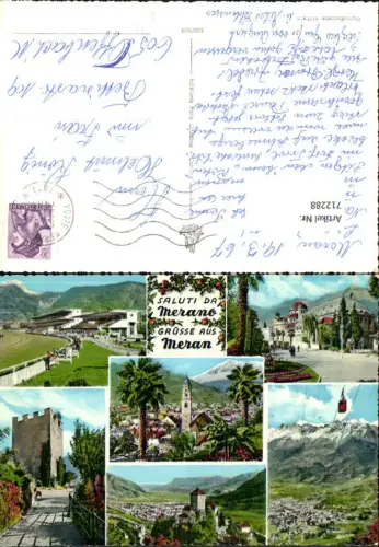 712288 Mehrbild AK Saluti da Merano Meran Seilbahn Gondel Schloss Pferderennbahn Italy