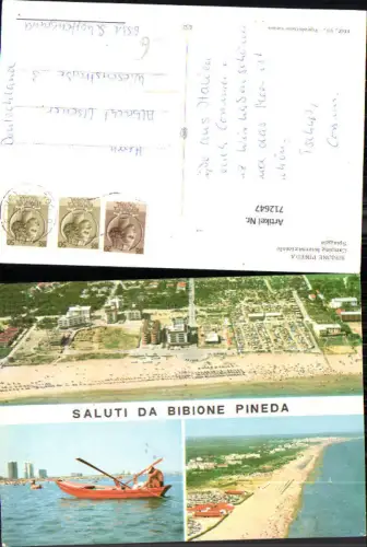 712647 Mehrbild AK Saluti da Bibione Pineda Luftbild Ruderboot Spiaggia Italy