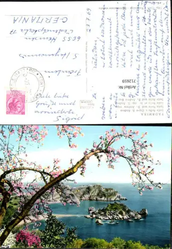 712659 Foto AK Taormina Isola Bella e Capo S. Andrea Baumblüte Italy