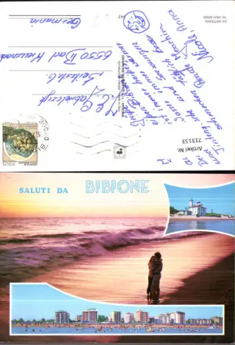 713153 Mehrbild AK Saluti da Bibione Strand Paar vor Brandung Leuchtturm Italy