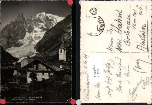 419283,Valle D Aosta Courmayeur Entreves e M. Bianco Haus Kirche Bergkulisse