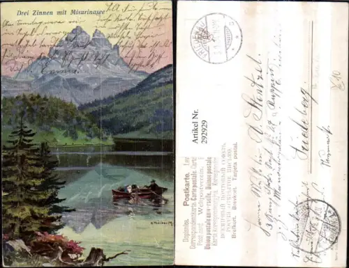 292929,Künstler AK H. Treiber Veneto Belluno Drei Zinnen m. Misurinasee b. Auronzo di Cadore