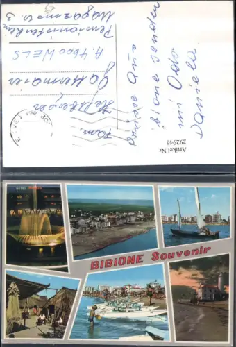 292946,Veneto Venezia Bibione Totale Springbrunnen Strand Boote Leuchtturm Strohhütten Mehrbildkarte