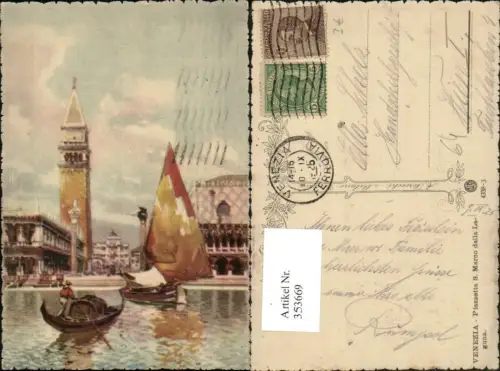 353669,Künstler AK Veneto Venezia Venedig Piazzetta S. Marco dalla Laguna Gondel Segelboot Turm