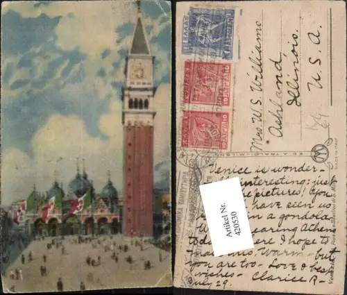 420530,Künstler AK Veneto Venezia Venedig Piazza e Basilica di S. Marco Markusdom Turm