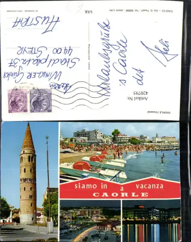 420795,Veneto Venezia Caorle Teilansicht Strand Tretboote Turm Mehrbildkarte