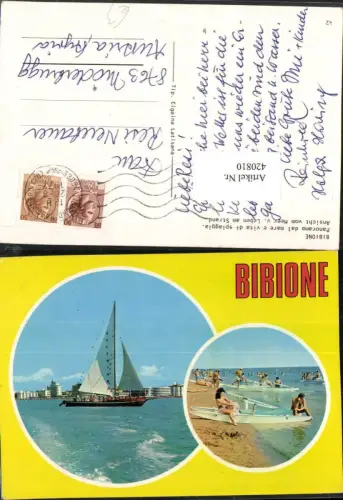 420810,Veneto Venezia Bibione Spiaggia Segelboot Strandleben Mehrbildkarte