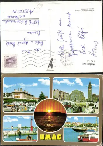 379191,Croatia Umag Kirche Turm Boote Sonnenuntergang Mehrbildkarte