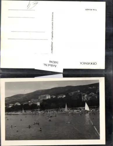 168246,Crikvencia Ortsansicht Badestrand Meer Segelschiff Menschen