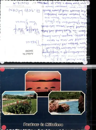 304280,Pozdrav iz Milocera Milocer Bucht Strand Blumen Sonnenuntergang Mehrbildkarte