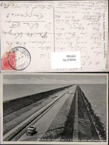 359766,Netherlands Afsluitdijk naar Friesland met A.T.O. Autobus gezien vanaf gedenkteeken