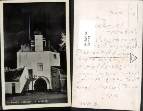 387573,Netherlands Harderwijk Vischpoort bij kunstlicht Tor Turm
