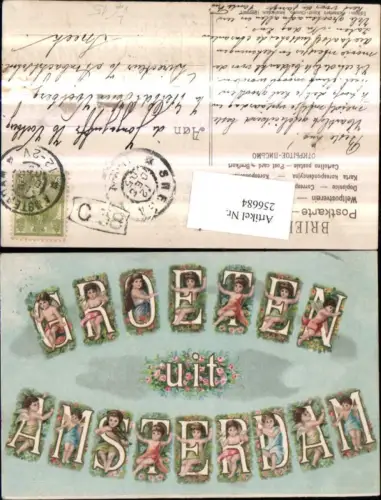 256684,Präge Litho AK Groeten uit Amsterdam Schrift Engel Blumen Geige Schaukel pub Schaefers Kunst-Chromo