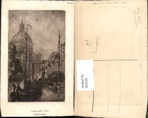 452558,Künstler AK Radierung Netherlands Amsterdam Luthersche Kerk Kirche Boote